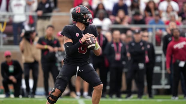 Sep 30, 2023; Stanford, California, USA; Stanford Cardinal quarterback Justin Lamson (8) drops back to pass against the Oregon Ducks during the second quarter at Stanford Stadium. Mandatory Credit: Darren Yamashita-USA TODAY Sports